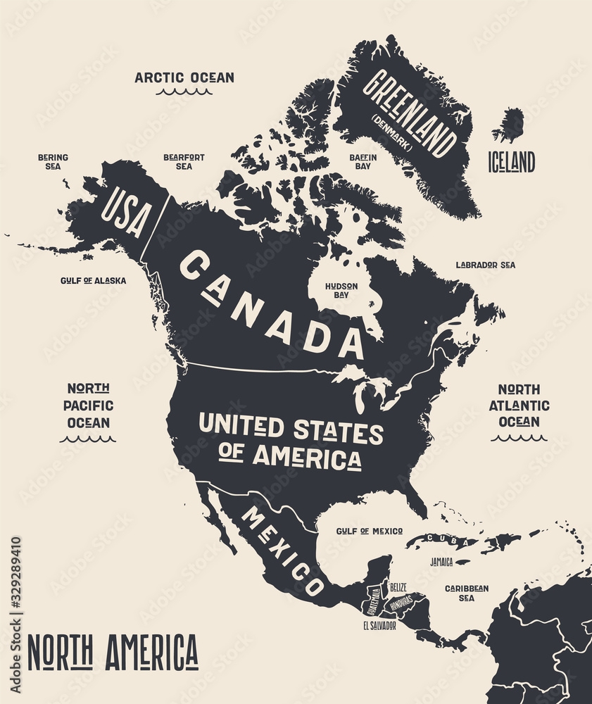 Stock Vektorgrafik Map North America Poster Map Of North America Black And White Print Map Of North America For T shirt Poster Or Geographic Themes Hand drawn Graphic Map With Countries Vector Illustration Adobe