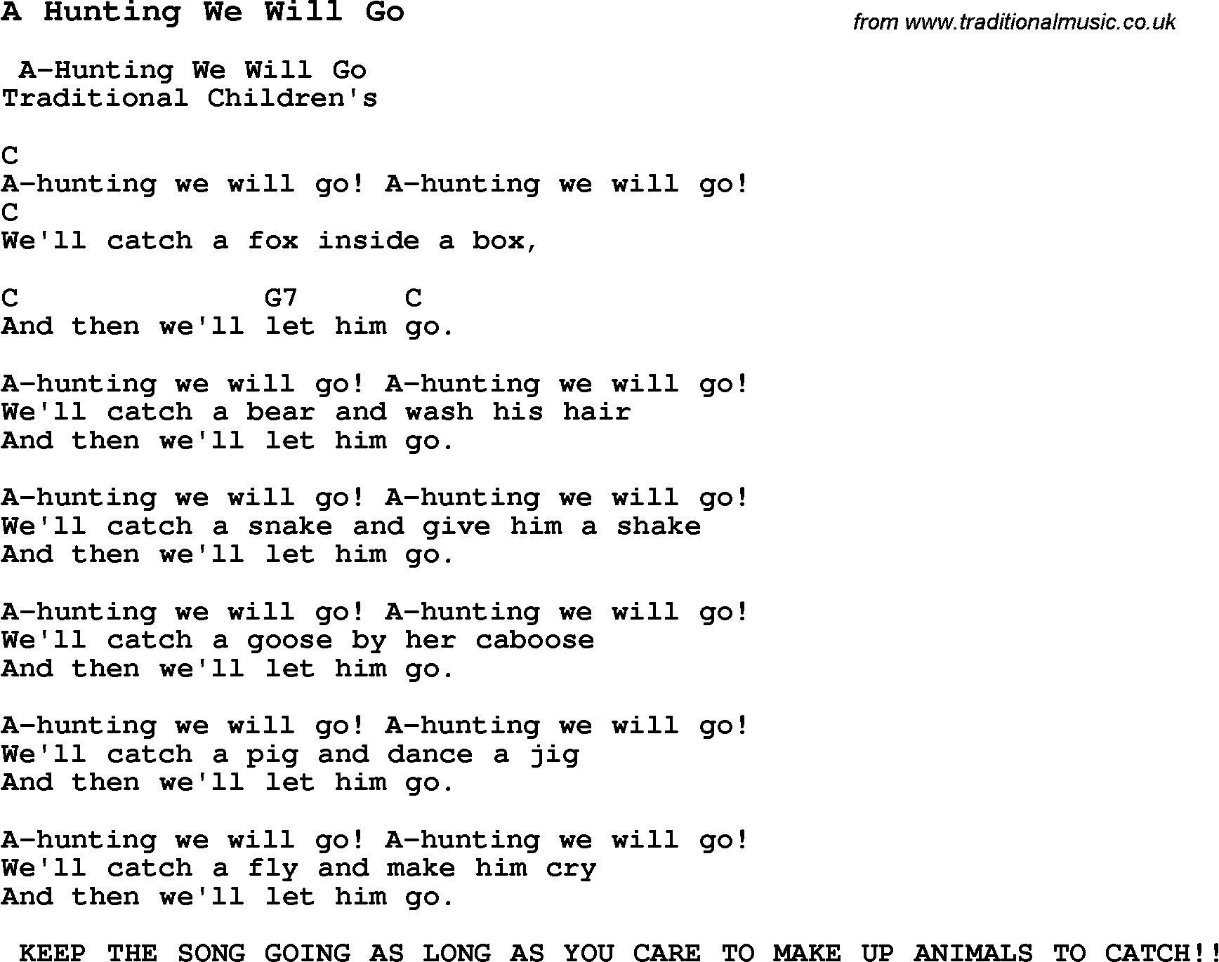 Summer Camp Song A Hunting We Will Go With Lyrics And Chords For Ukulele Guitar Banjo Etc 