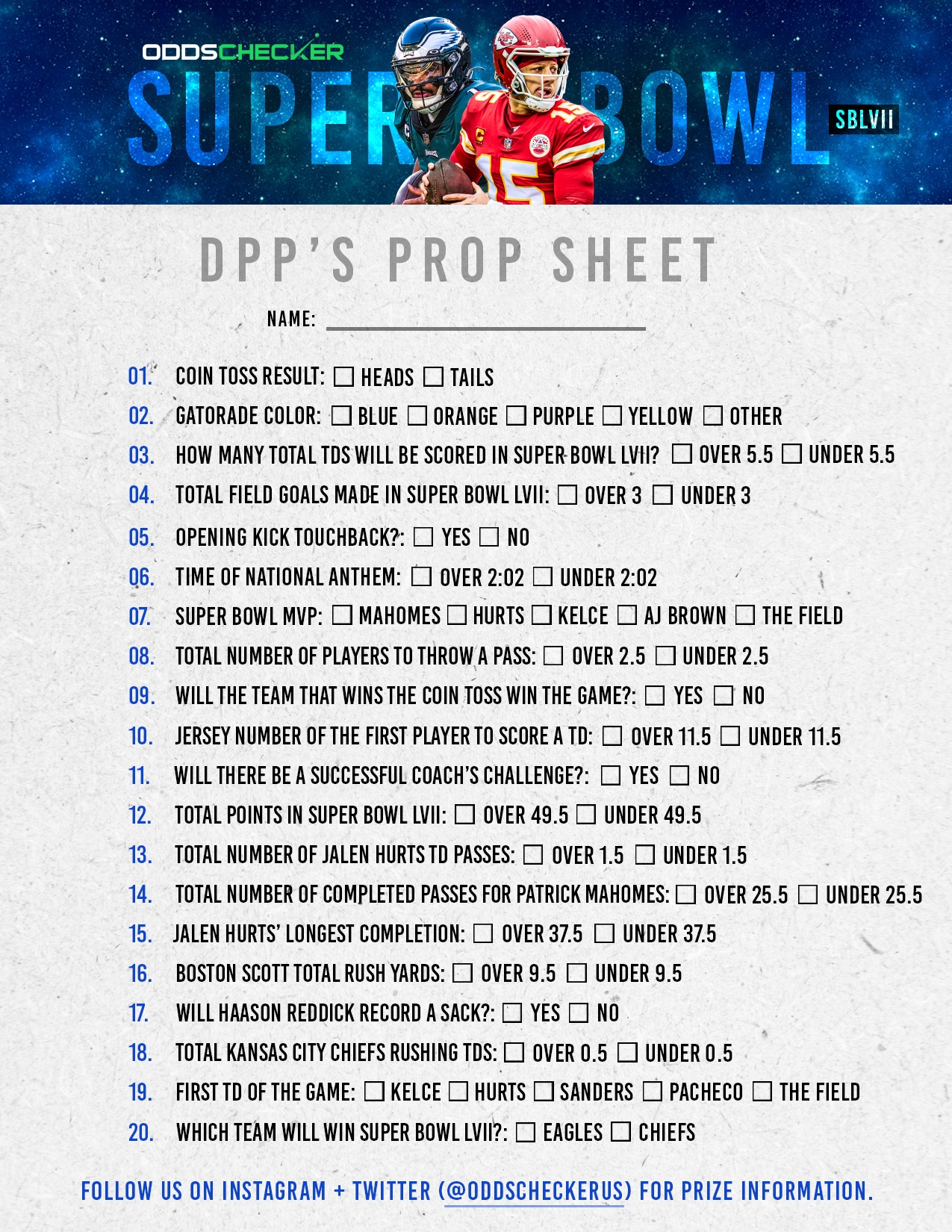 Super Bowl Prop Bets 2025 Sheet Printable