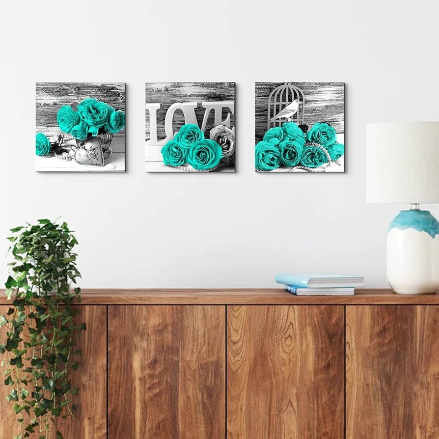 Teal Bathroom Wall Decor Turquoise Teal And Grey Rose Wall Art For Bedroom Living Room Accessories Love Sign Aqua Green Flower Pictures Floral Poster Canvas Artwork Kitchen Home Decoration 12x12 3 