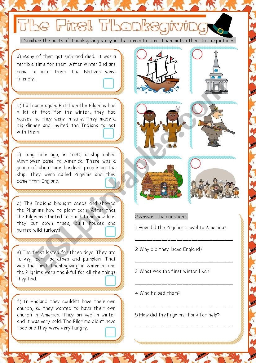 The First Thanksgiving ESL Worksheet By Kissnetothedit