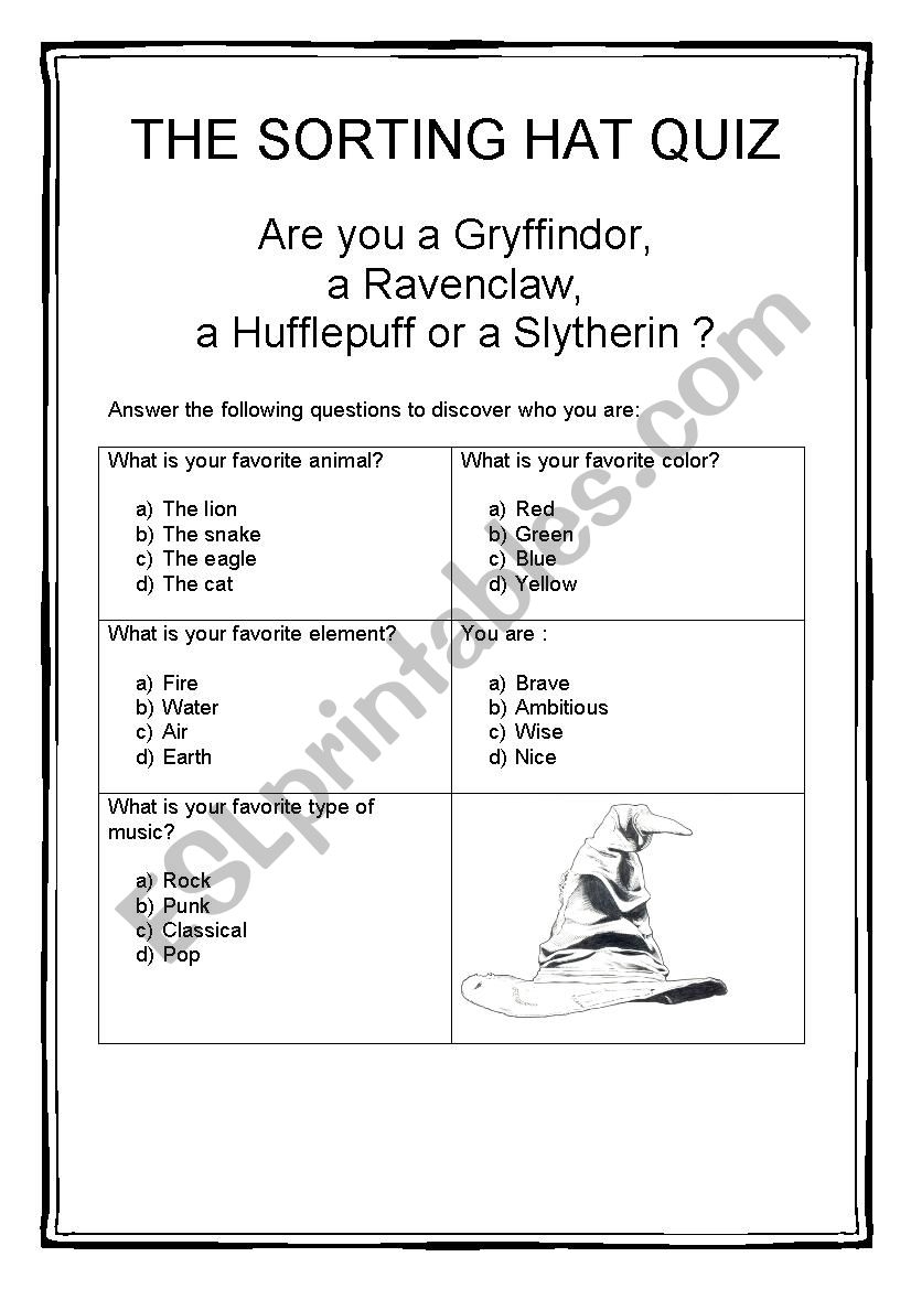 Harry Potter Printable Sorting Hat Quiz