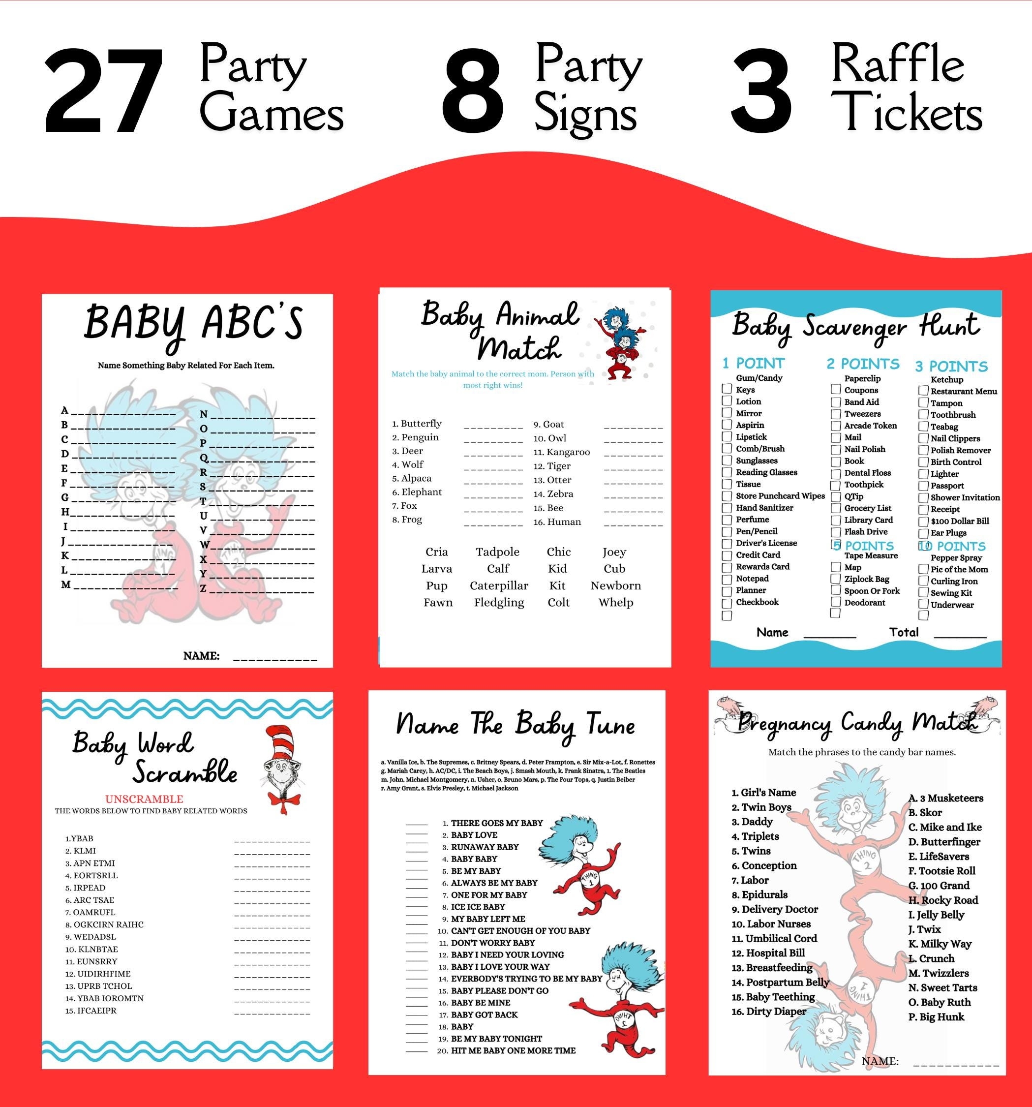 Thing 1 Thing 2 Themed Baby Shower Games Signs And Raffle Twins Printable Party Games Dr Sues Etsy