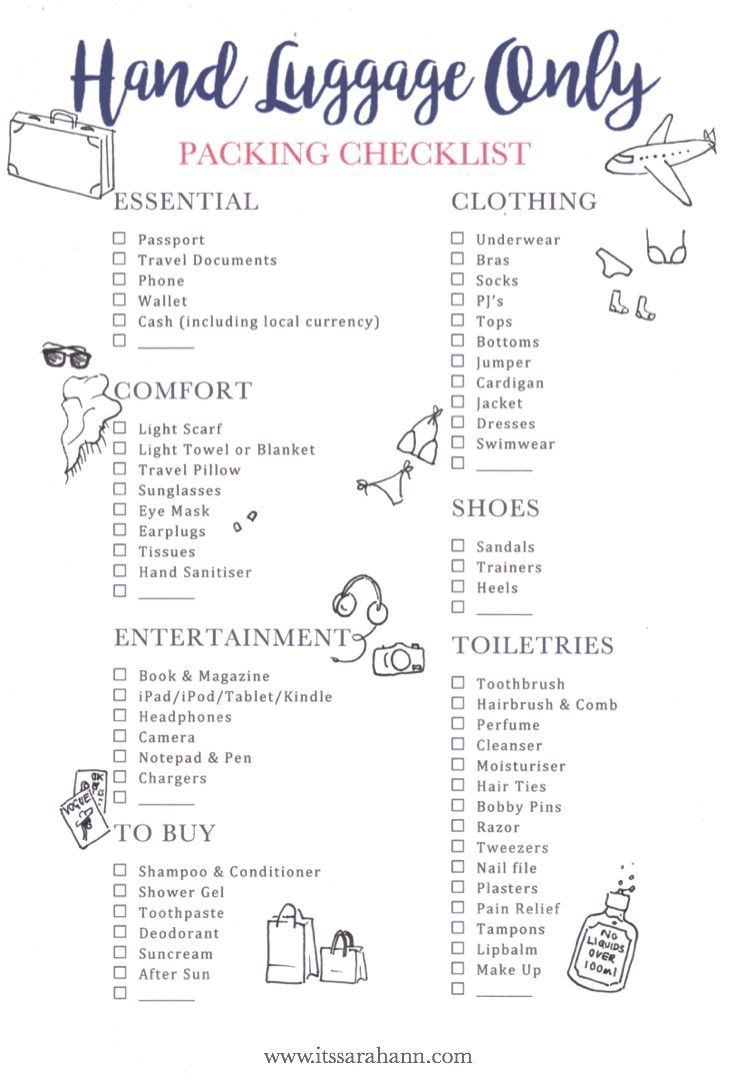 Travel Checklist For Hand Luggage With Free Printable