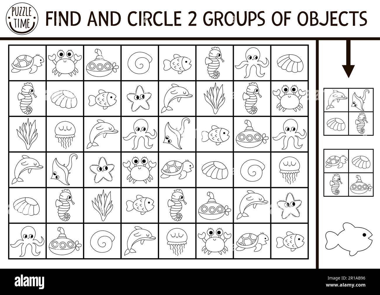 Under The Sea Black And White Seek And Find Game With Traditional Symbols Attention Skills Training Puzzle Ocean Printable Line Activity For Kids W Stock Vector Image Art Alamy
