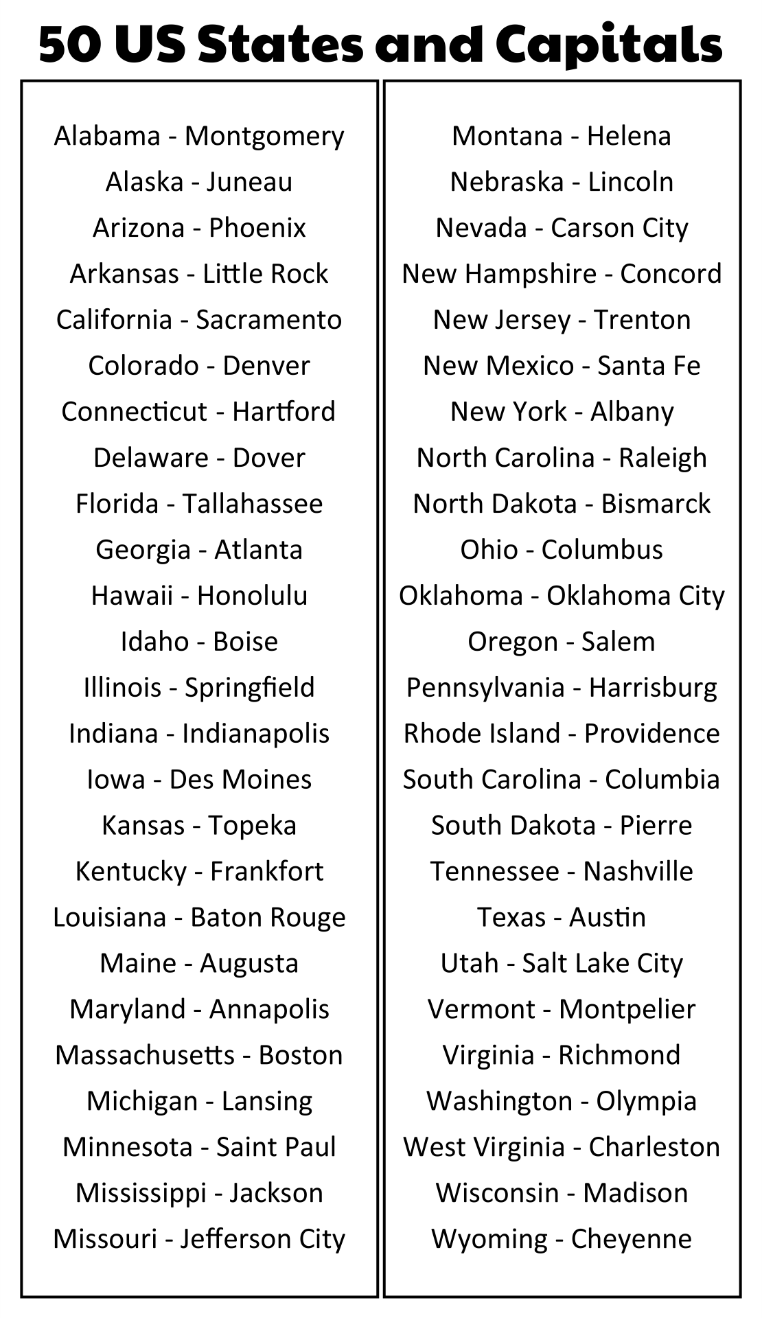 US State Capitals List 11 Free PDF Printables Printablee