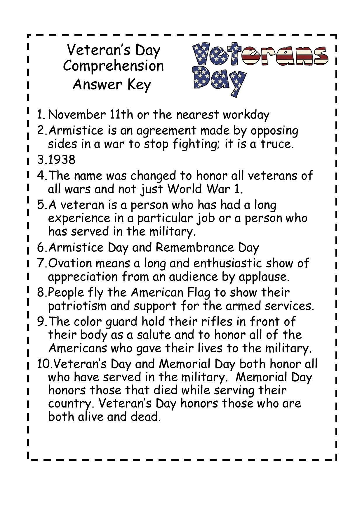 Veteran s Day Reading Comprehension Passage Made By Teachers