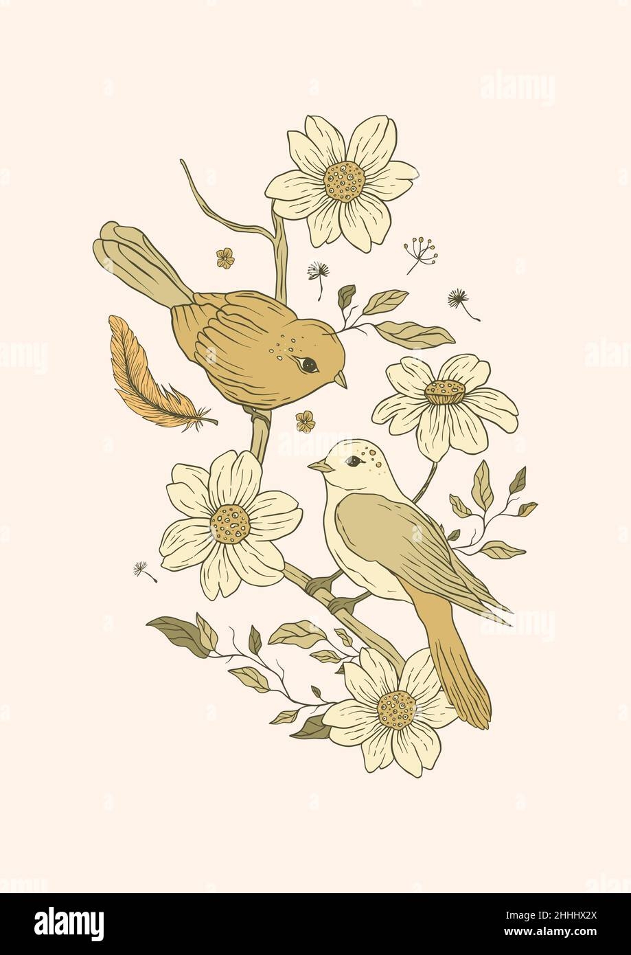 Vintage Bird Couple And Daisy Flowers Printable Poster Stock Vector Image Art Alamy