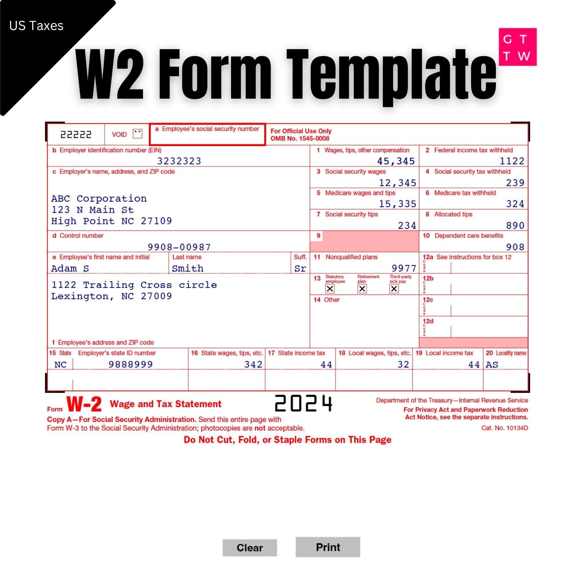 W2 Form IRS 2025 Fillable PDF With Print And Clear Buttons Generate W2 Quickly Digital Download Etsy Canada