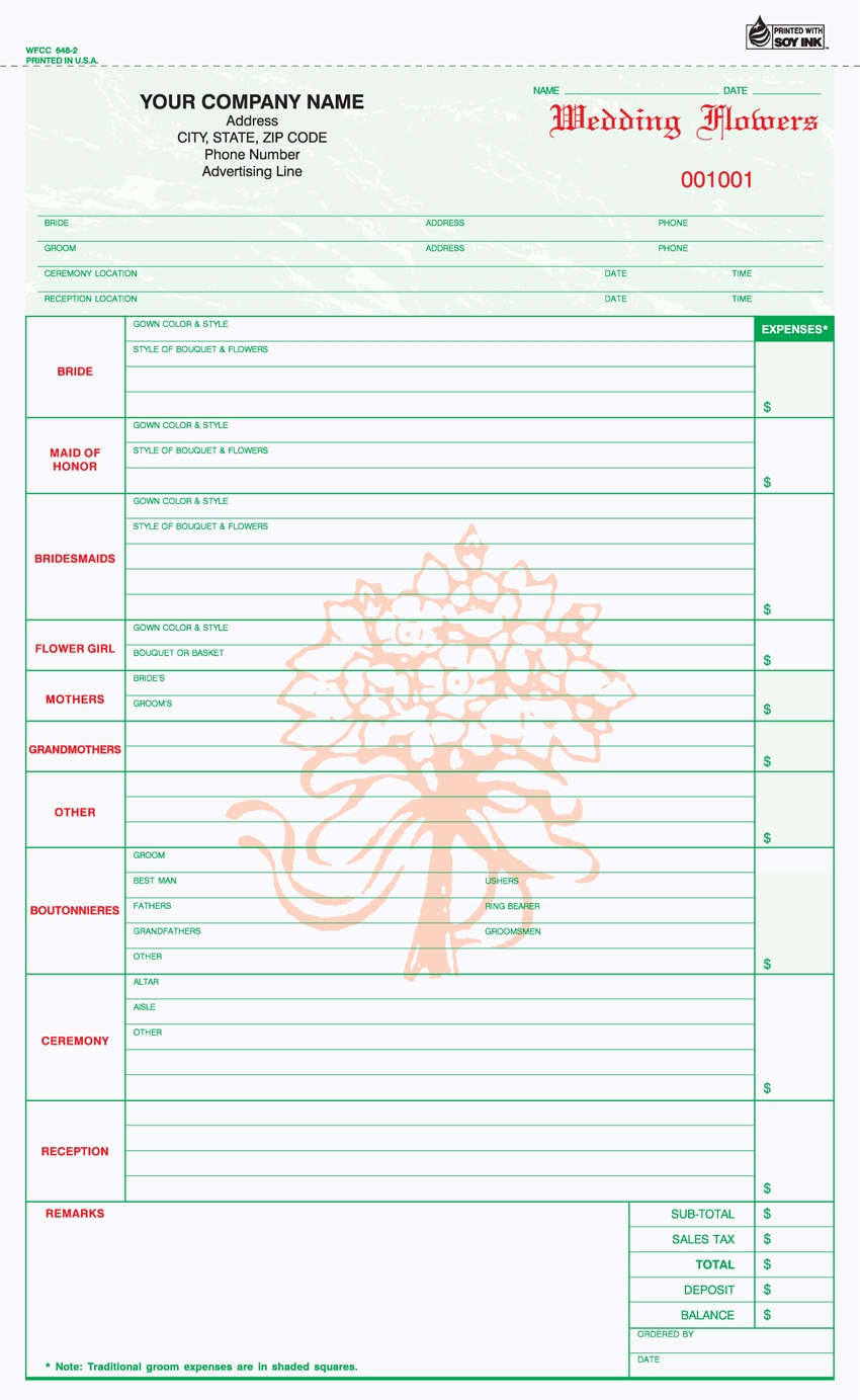 Wedding Flower Order Form Unit Set 8 5 X 13 25 2 PART WFCC 648 2 234 00 Carbonless Online Printing Custom Forms