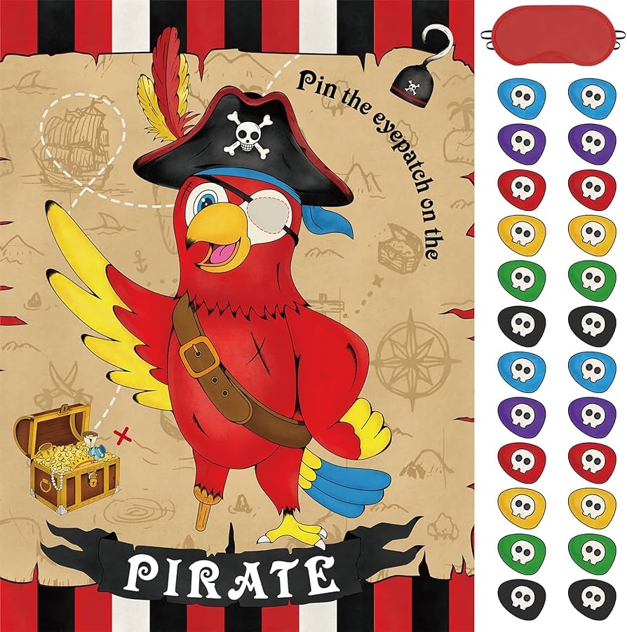 WERNNSAI Pin The Eye Patch On The Pirate Kids Birthday Party Games Pirate Party Decorations For Kids Boys 28 X 21 Parrot Poster With 24 PCS Stickers Halloween Birthday Party Favor 