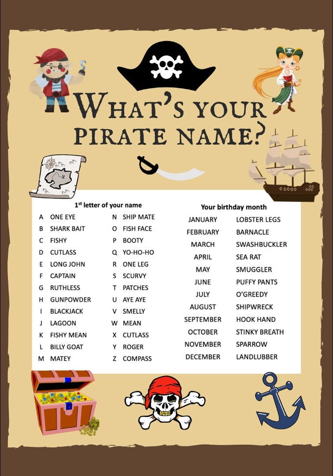 What s Your Pirate Name Name Generator Printable Party Game Instant Download Party Game Name Generator Pirate Name Pirate Theme Name Game Etsy