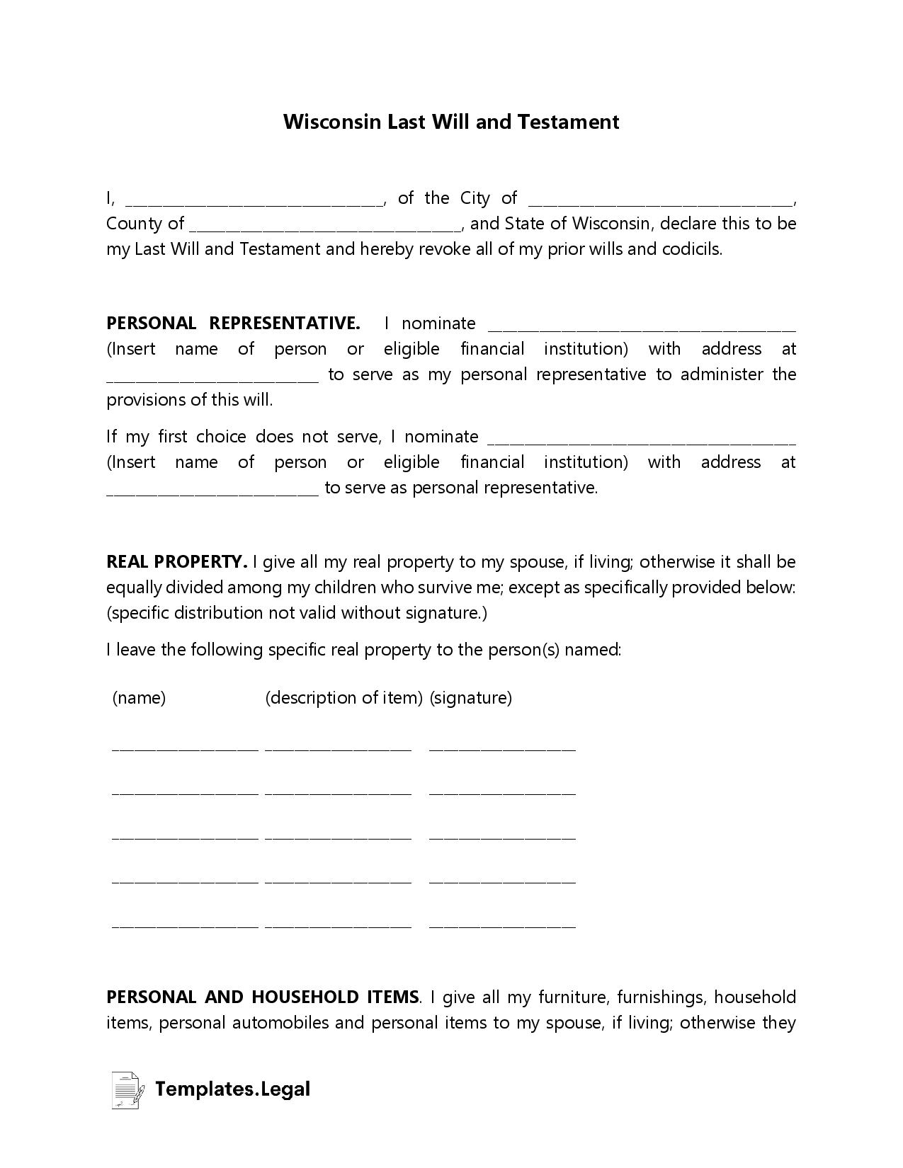 Wisconsin Last Will And Testament Templates Free Word PDF ODT 