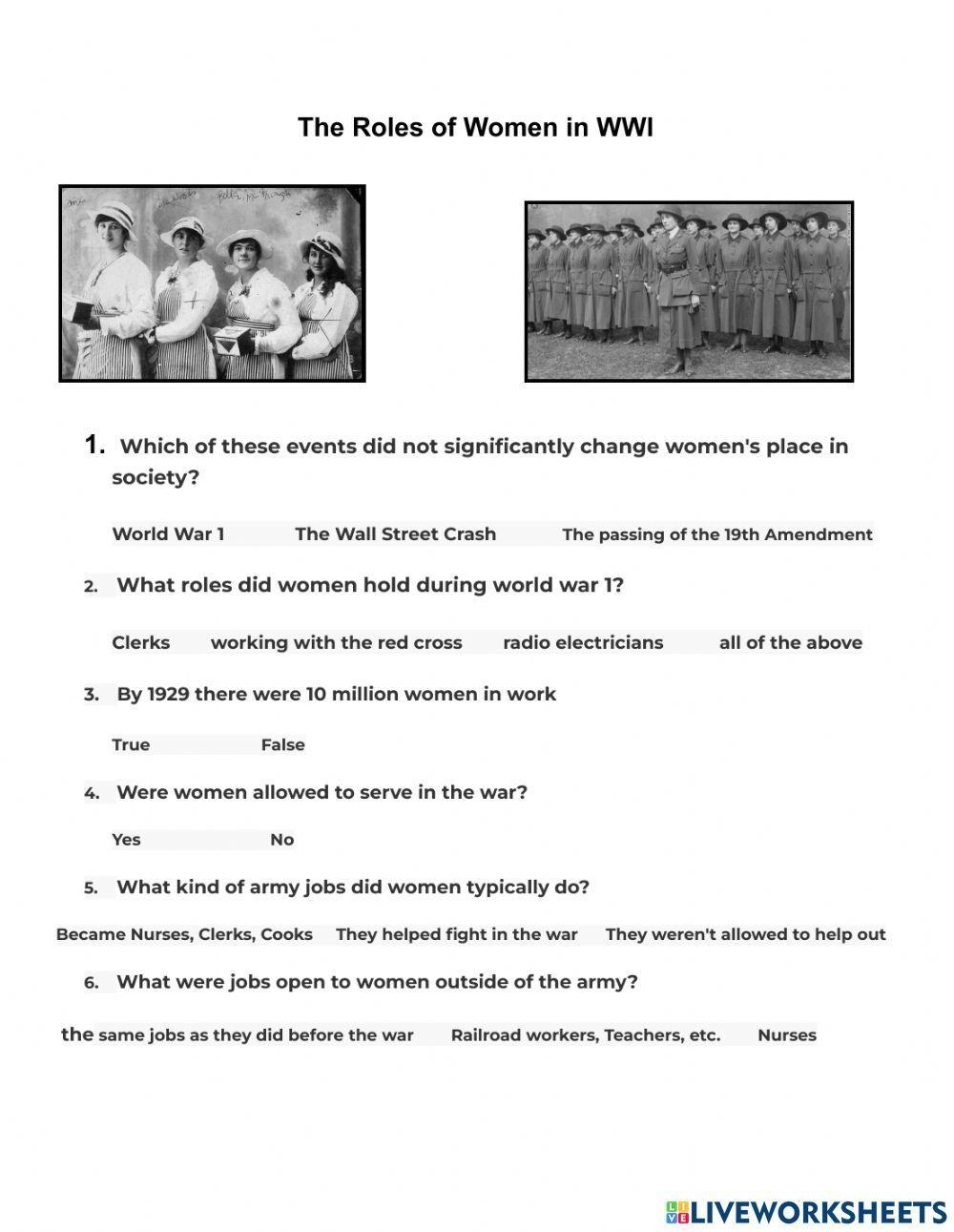 Women In WW1 Worksheet Live Worksheets Worksheets Library