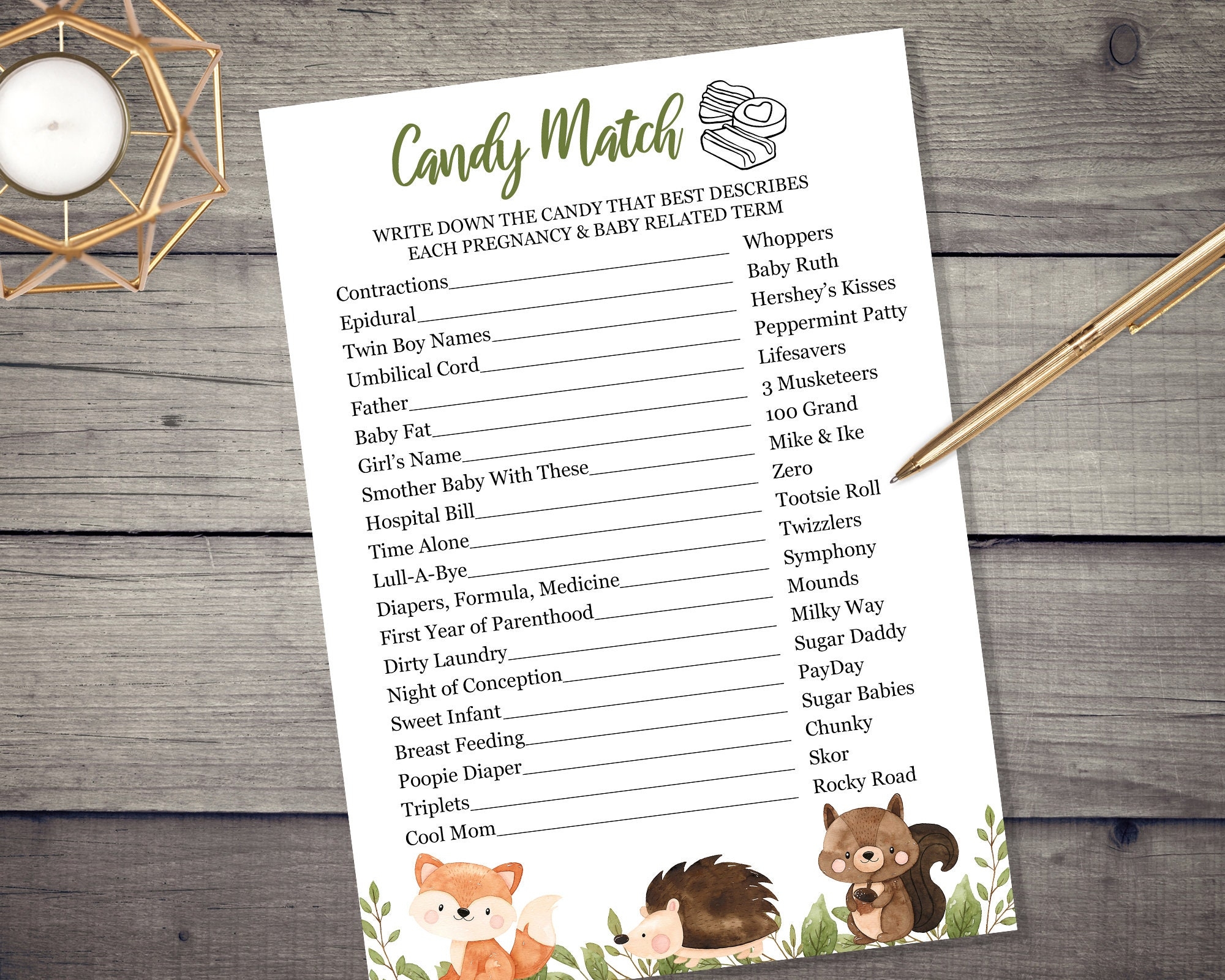 Woodland Candy Bar Game Woodland Candy Match Game INSTANT DOWNLOAD Baby Shower Printable Digital Fox Boy Girl Gender Neutral Animals Etsy