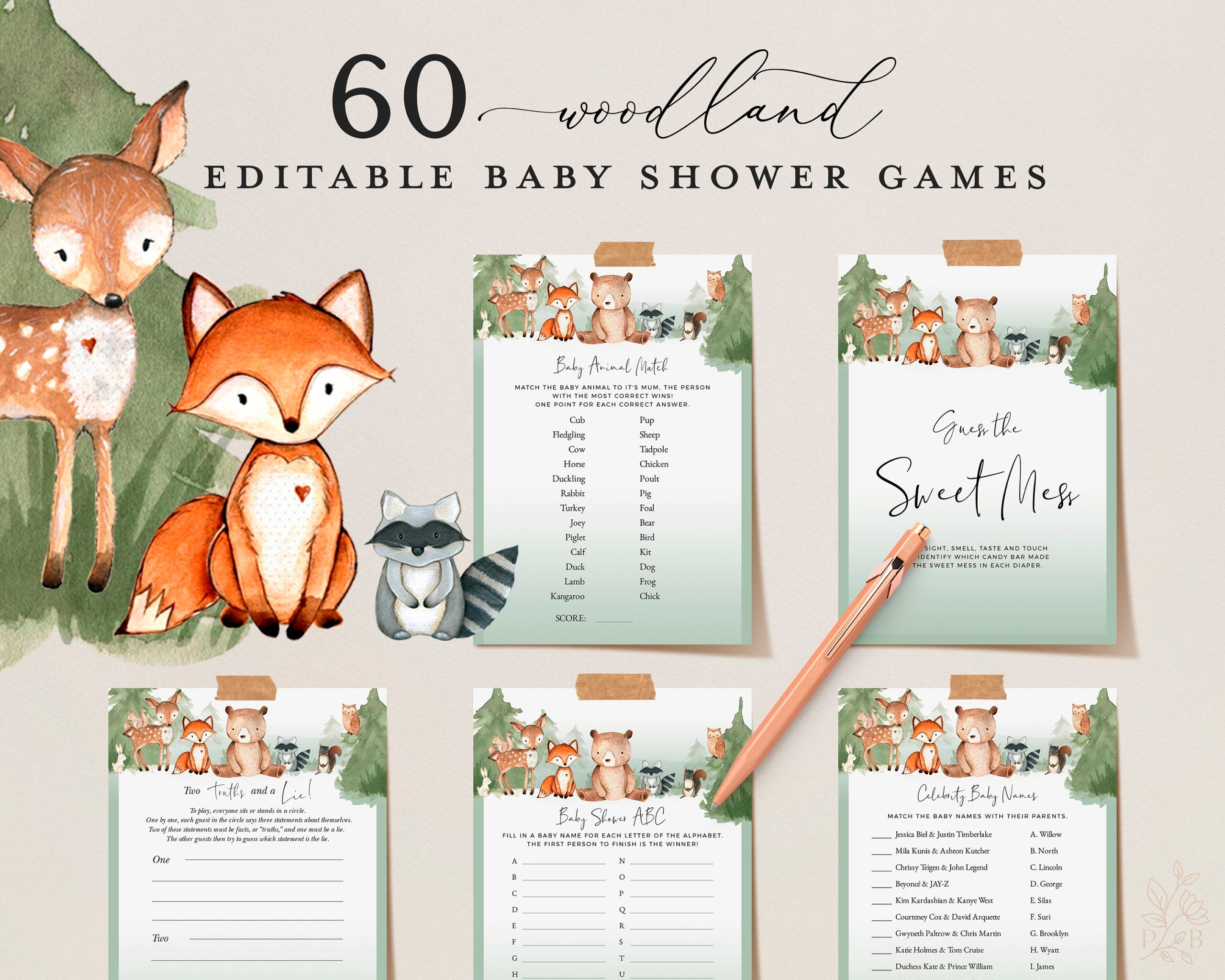 WOODLAND Editable Baby Shower Games Printable Animal Baby Shower Games Baby Party Games Bundle Virtual Games Bear Fox Squirrel Raccoon Etsy UK