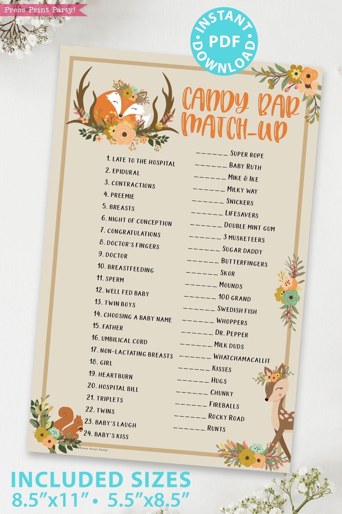 Woodland Theme Candy Bar Game Baby Shower Printable Baby Shower Game Template Forest Animals Activities Rustic Fox INSTANT DOWNLOAD Etsy