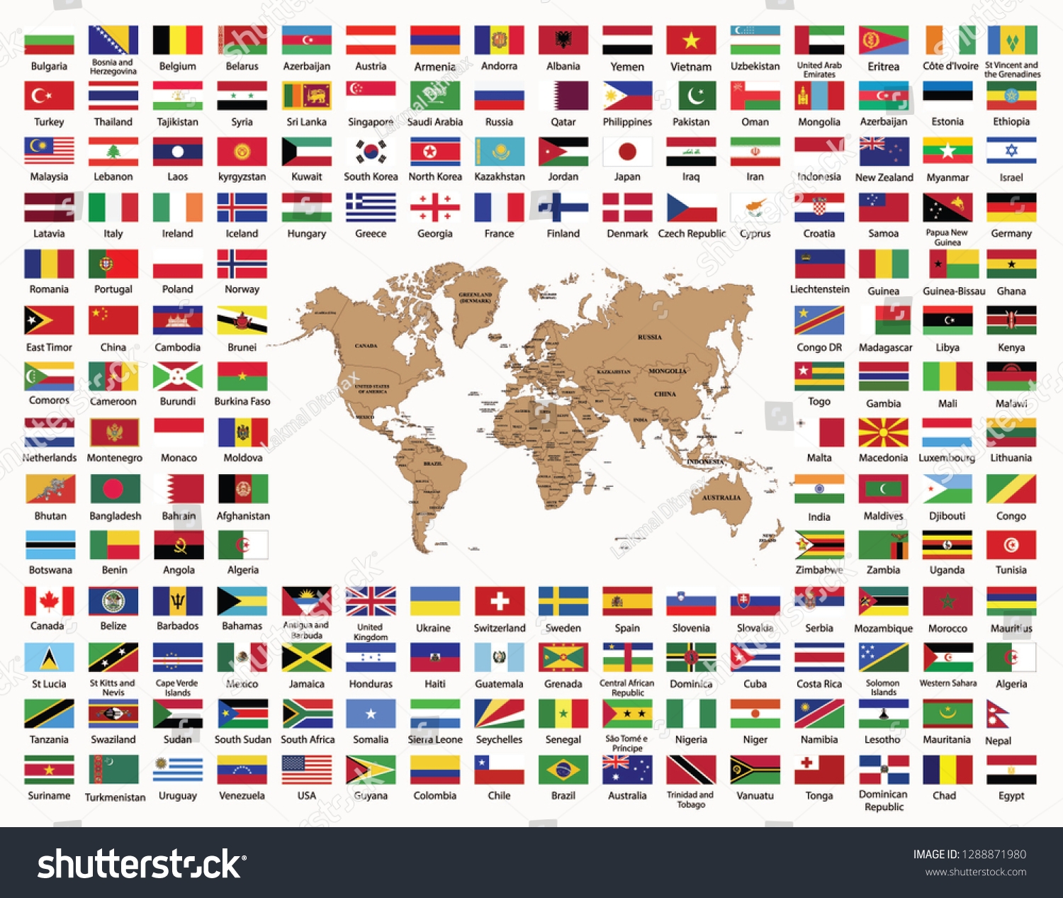 World Map World Countries Flags Names Stock Vector Royalty Free 1288871980 Shutterstock